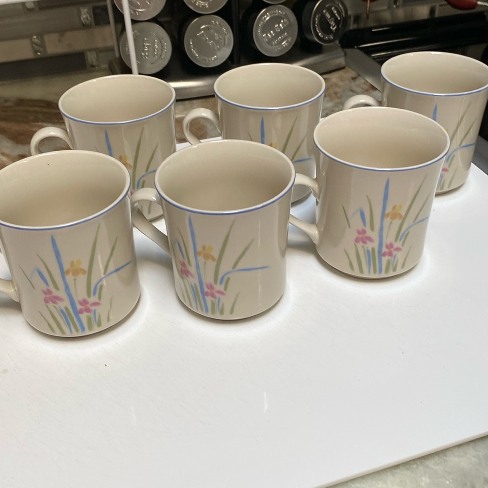 Set Of 6 Vintage 1980s Ceramic Pastel Iris Floral Coffee Mugs